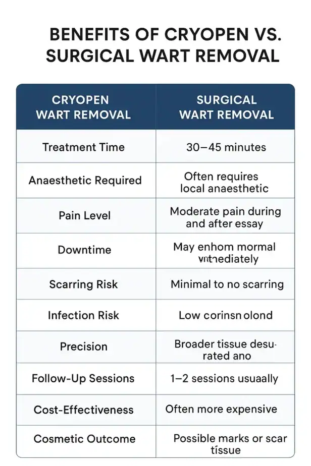 Table showing the benefits of cryopen to remove warts Greater London compared to surgical treatment